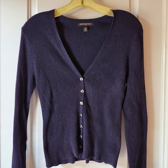 Banana Republic Navy Ribbed V-Neck Button Front Sweater Top Size M - Picture 1 of 6